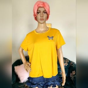 Cropped Yellow T-Shirt with Orange Tint and Butterfly Patch